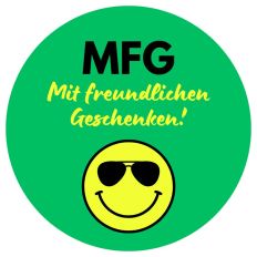 Aufkleber Sticker kreisrund ø 7 cm – MFG - "Mit freundlichen Geschenken!"